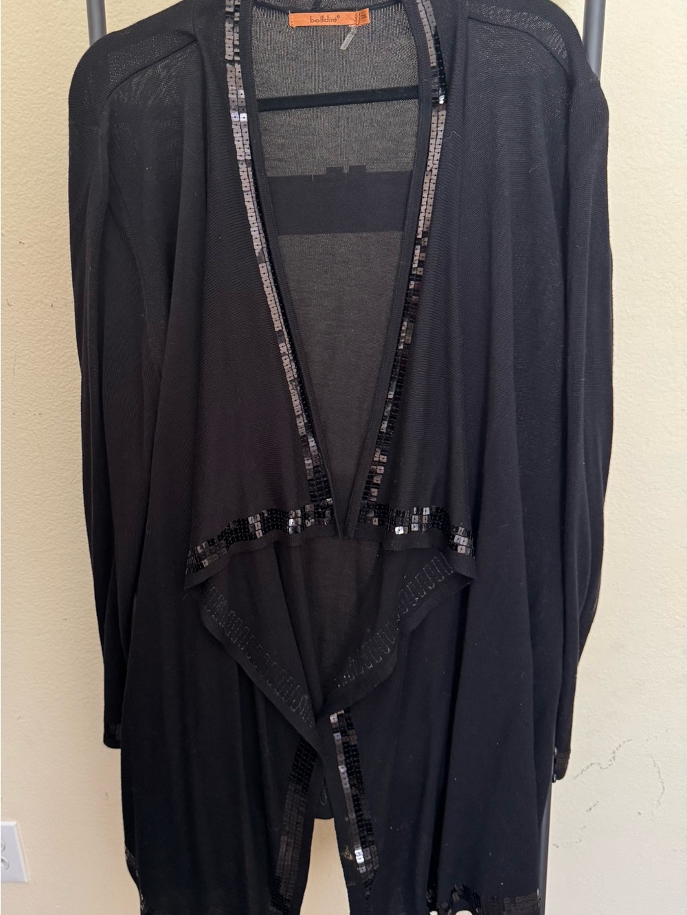 Belldini Open Front Long Sequin Trim Cardigan - Black - 3X